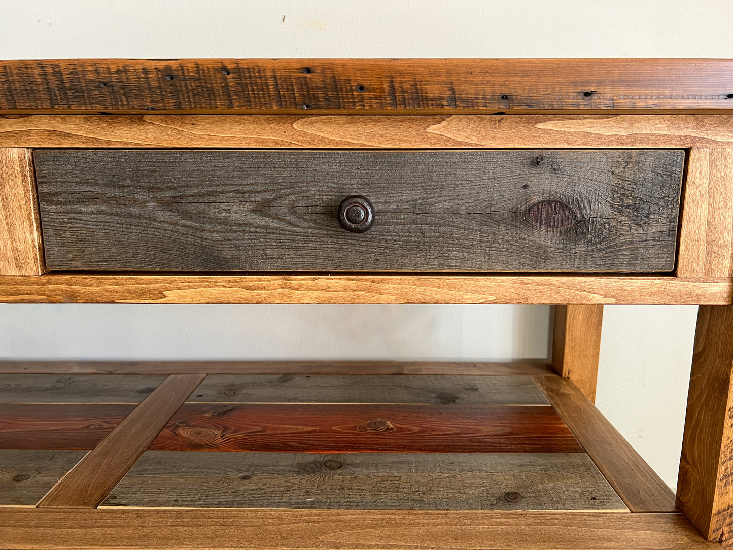 Multi Color 2 Drawer entryway table with shelves