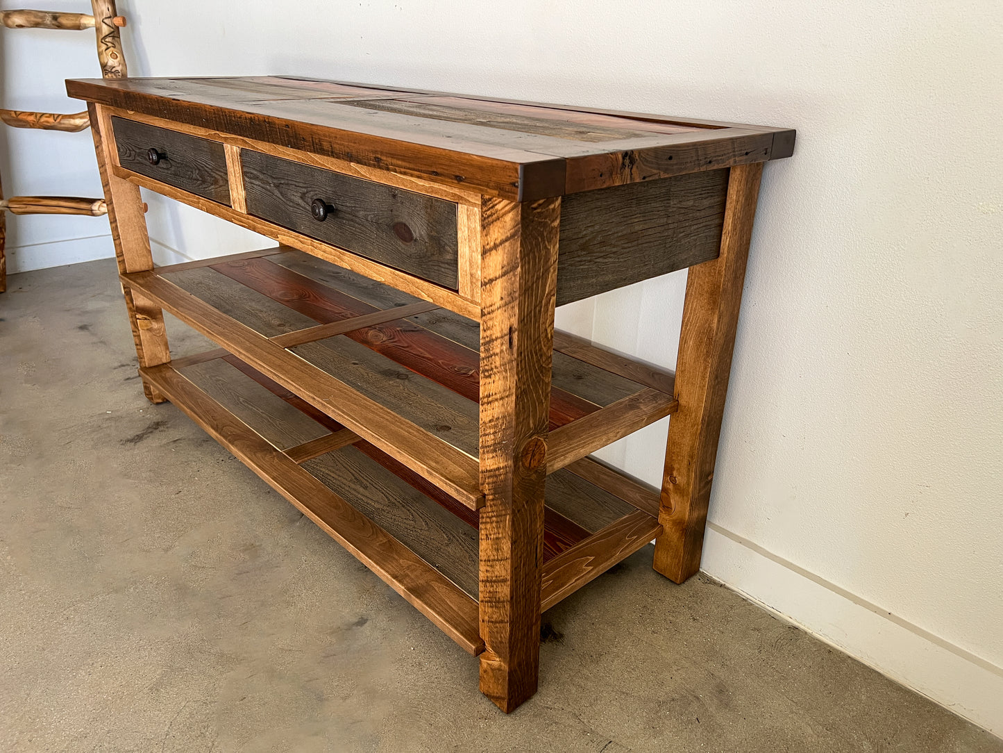 Multi Color 2 Drawer entryway table with shelves